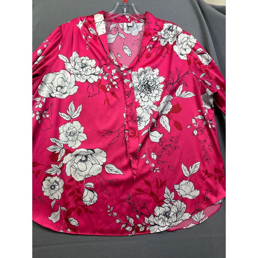 Cato Women Plus 18/20W Pink Floral Satin V-Neck Tie Front Blouse Long Sleeve Top